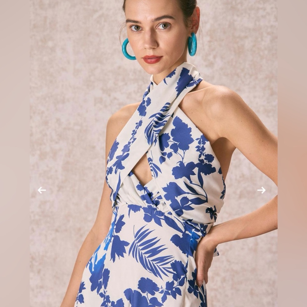 the blue halter cut out ruffle maxi Dress Size XL wedding multi blue wht floral - Picture 4 of 15